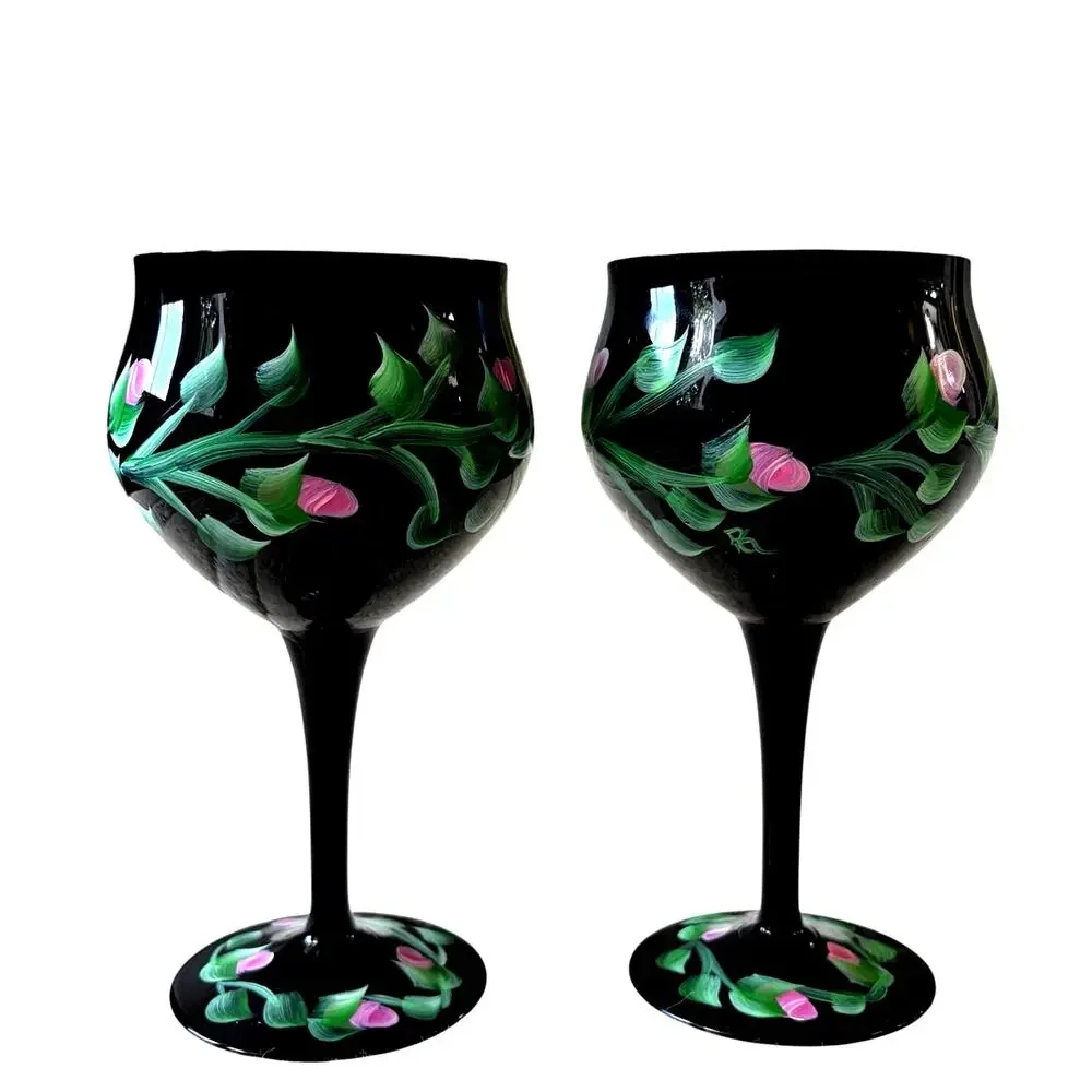 Vintage Hand Painted Floral Black Wine Goblets Set of 2 Chic Barware